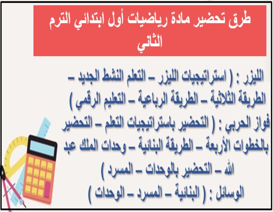 خطة التعلم الأسبوعية رياضيات أول ابتدائي الترم الثاني