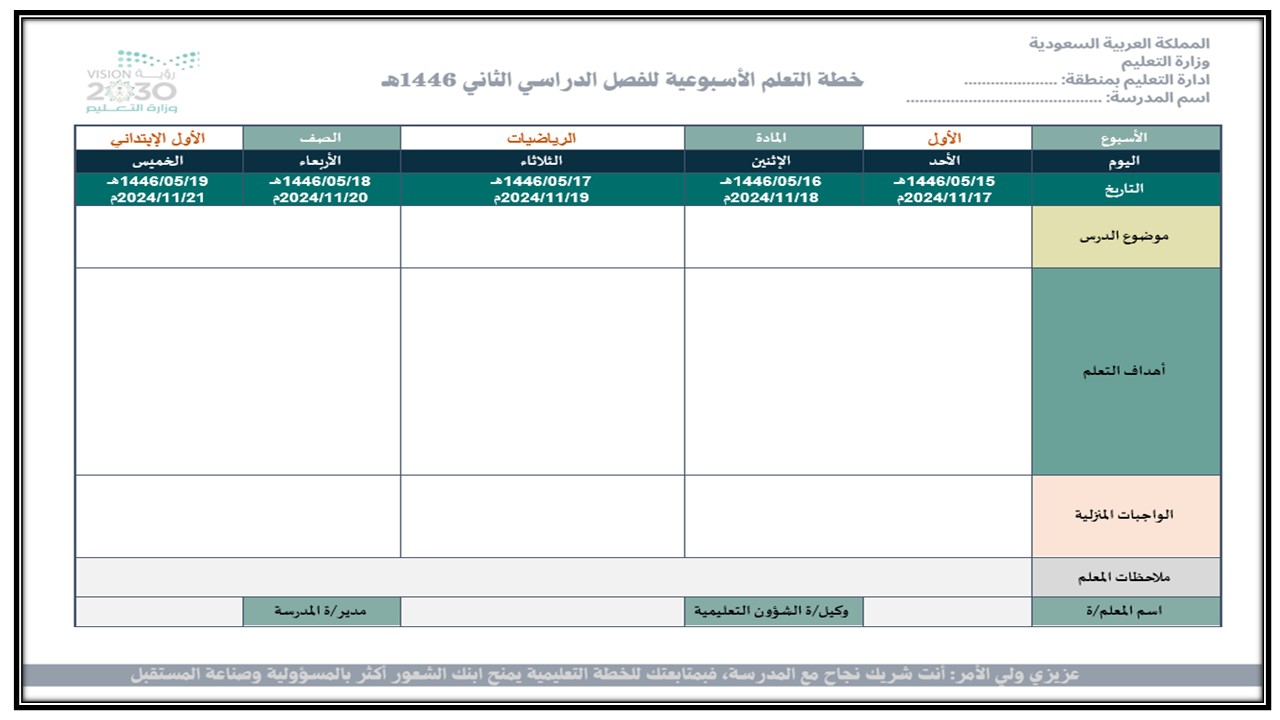 خطة التعلم الأسبوعية رياضيات أول ابتدائي الترم الثاني خطة التعلم الأسبوعية رياضيات أول ابتدائي الترم الثاني