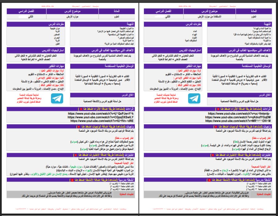 خطة التعلم الأسبوعية علوم أول ابتدائي الترم الثاني