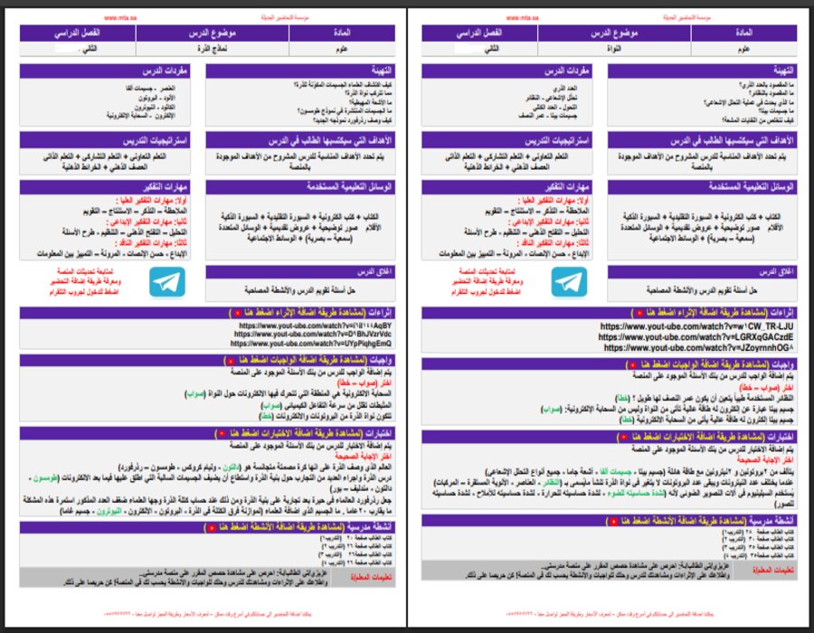خطة التعلم الأسبوعية علوم ثالث متوسط الترم الثاني  