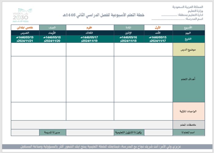 خطة التعلم الأسبوعية علوم خامس ابتدائي الترم الثاني