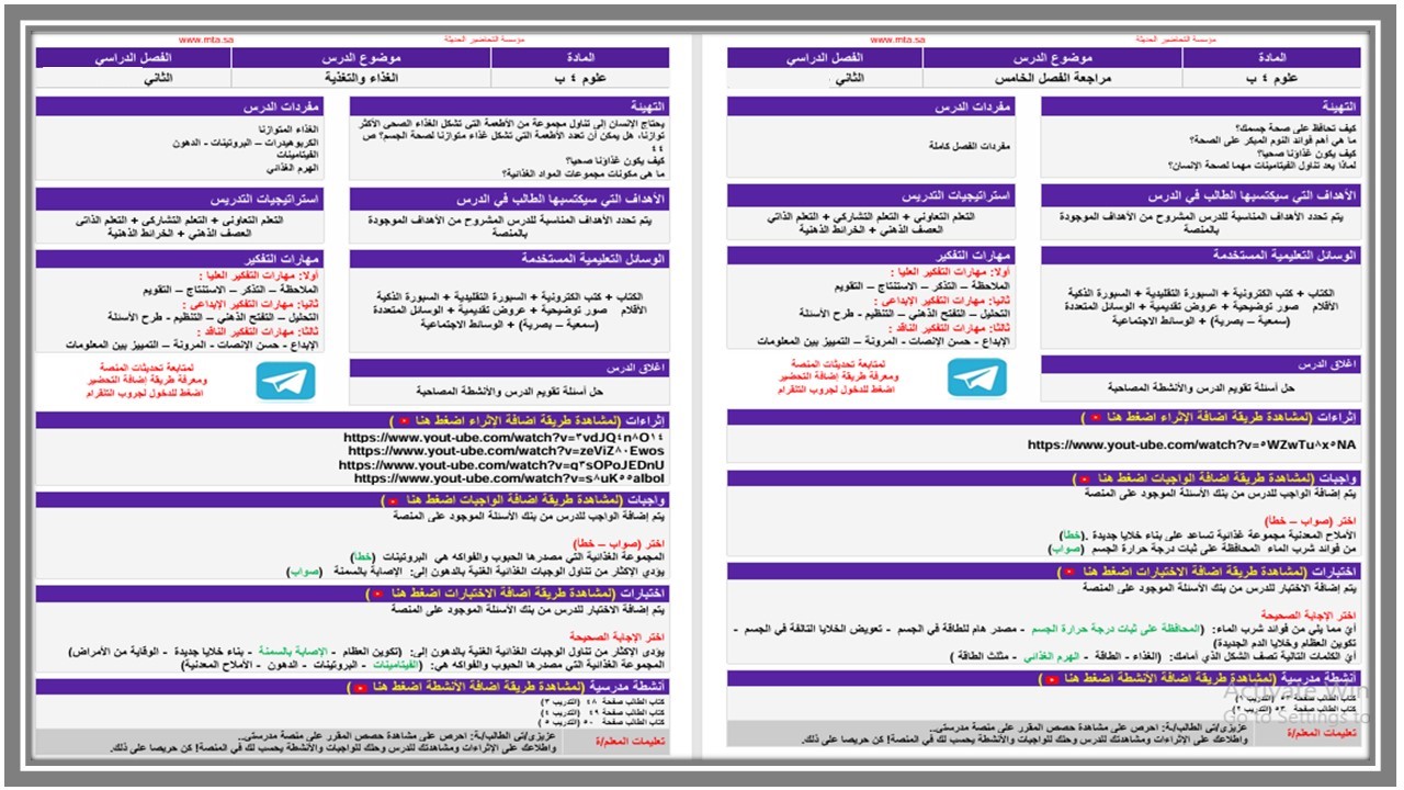خطة التعلم الأسبوعية علوم رابع ابتدائي الترم الثاني 