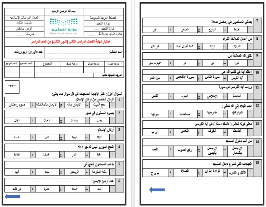 خطة التعلم الأسبوعية لمادة القرآن الكريم والدراسات الإسلامية ثالث ابتدائي الترم الثاني 