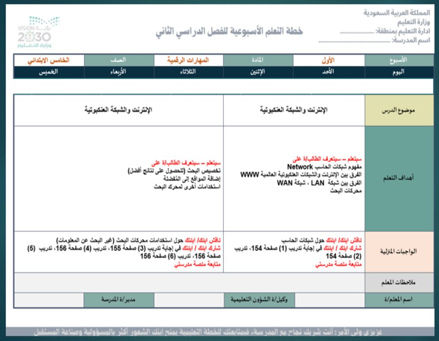خطة التعلم الأسبوعية مهارات الرقمية خامس ابتدائي الترم الثاني