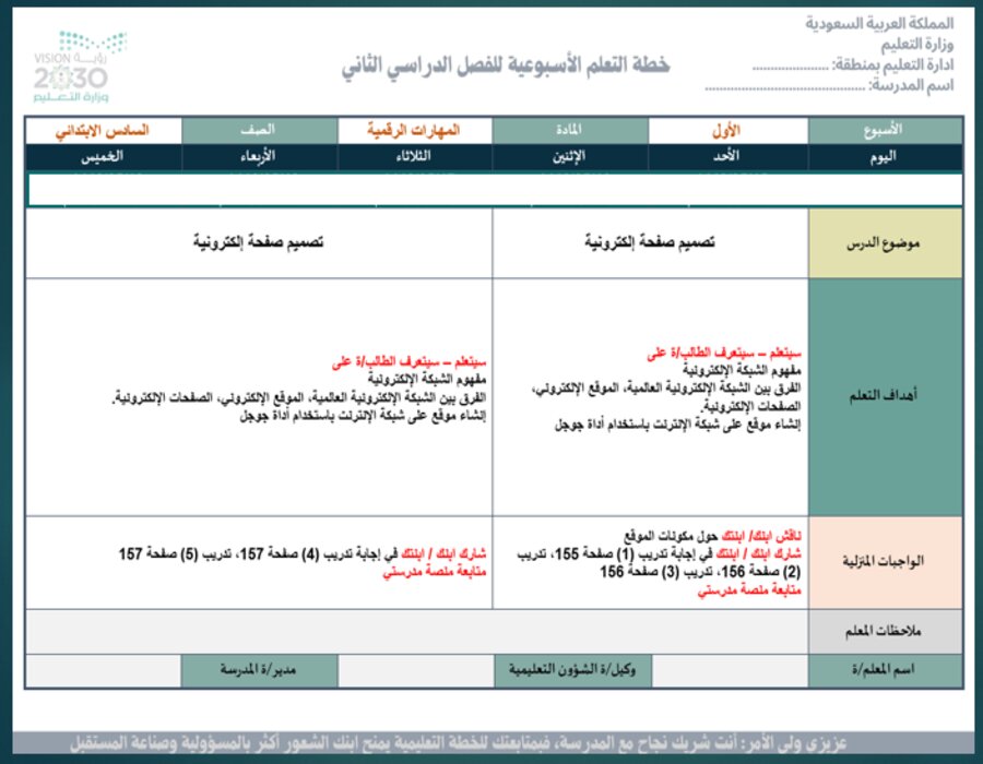 خطة التعلم الأسبوعية مهارات رقمية سادس ابتدائي الترم الثاني