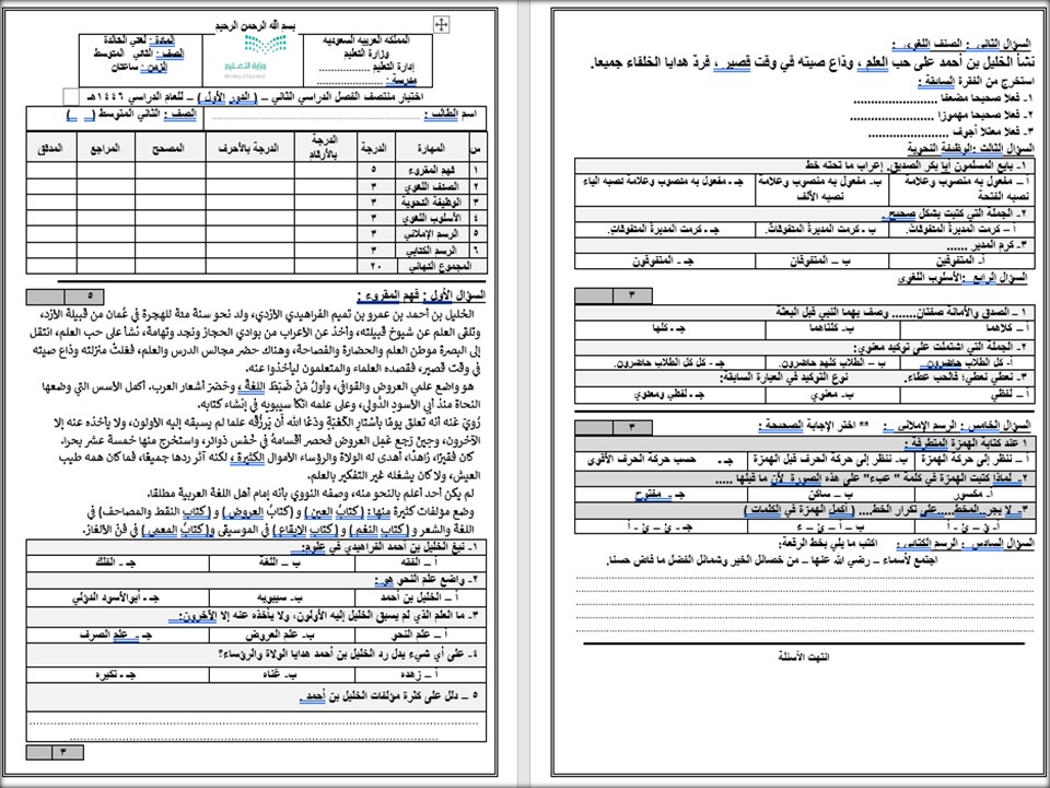 خطة التعليم الأسبوعية اللغة العربية صف ثاني متوسط الترم الثاني