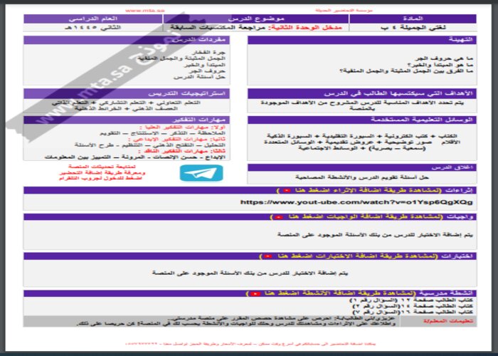 خطة التعلم الأسبوعية اللغة العربية صف رابع ابتدائي الترم الثاني