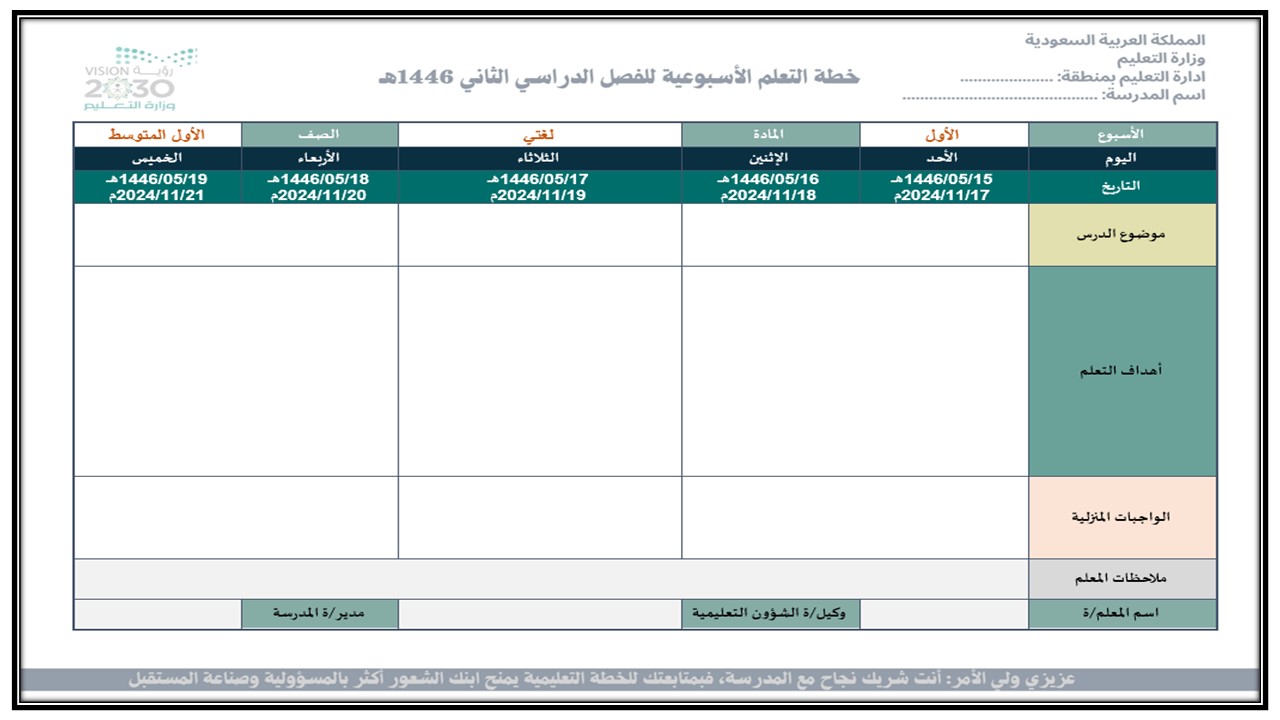 خطة التعليم الأسبوعية لغتي صف اول متوسط الترم الثاني