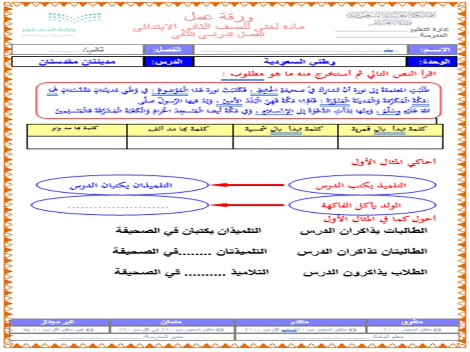 خطة التعليم الأسبوعيه اللغة العربية صف ثاني ابتدائي الترم الثاني