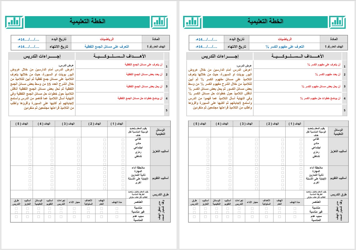 خطة التعلم الأسبوعية الرياضيات أول متوسط التربية الفكرية