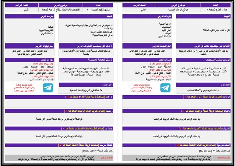 خطة التعلم الأسبوعية مبادئ العلوم الصحية ثاني ثانوي مسارات الترم الثاني