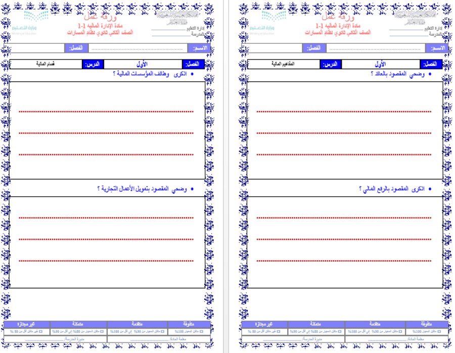 خطة التعلم الأسبوعية الإدارة المالية ثاني ثانوي مسارات الترم الثاني 
