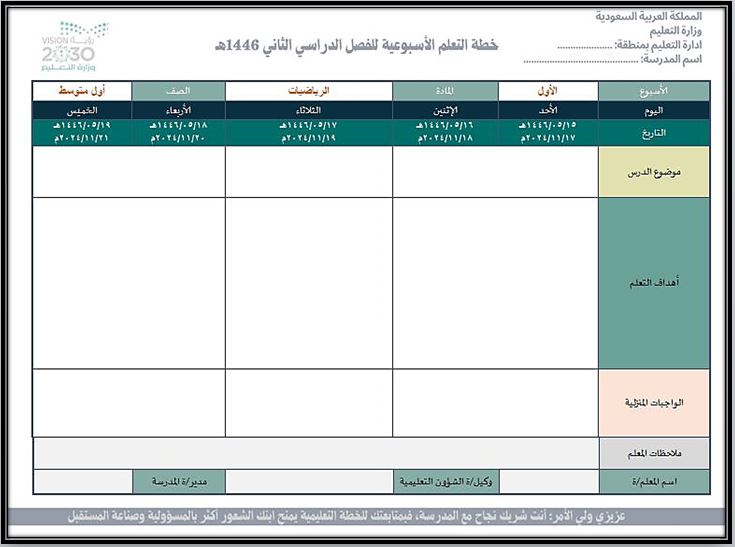خطة التعلم الأسبوعية الرياضيات أول متوسط التربية الفكرية