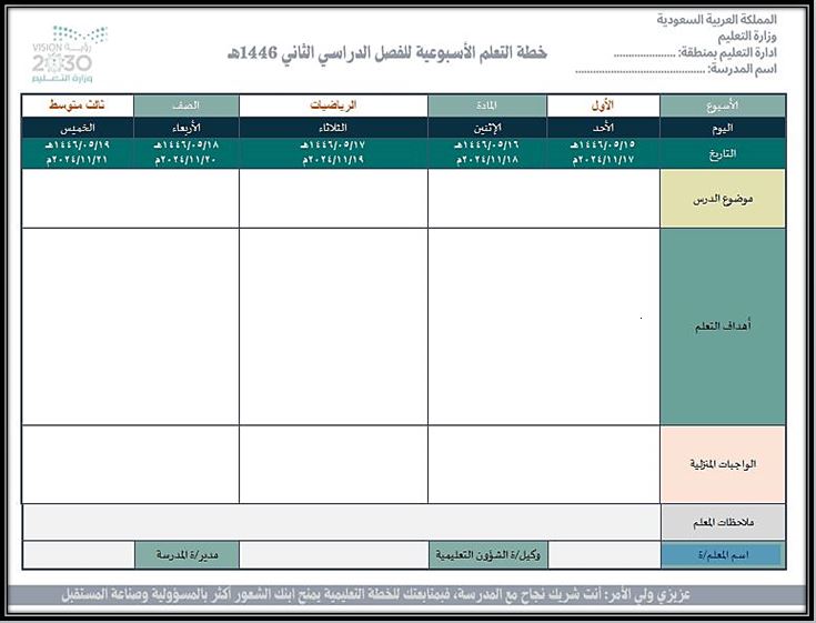 خطة التعلم الأسبوعية الرياضيات ثالث متوسط التربية الفكرية