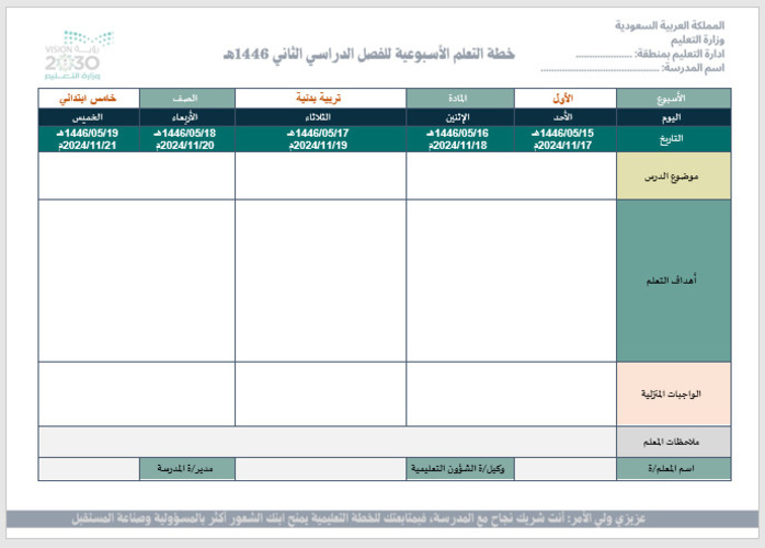 خطة التعلم الأسبوعية تربية بدنية خامس ابتدائي الترم الثاني