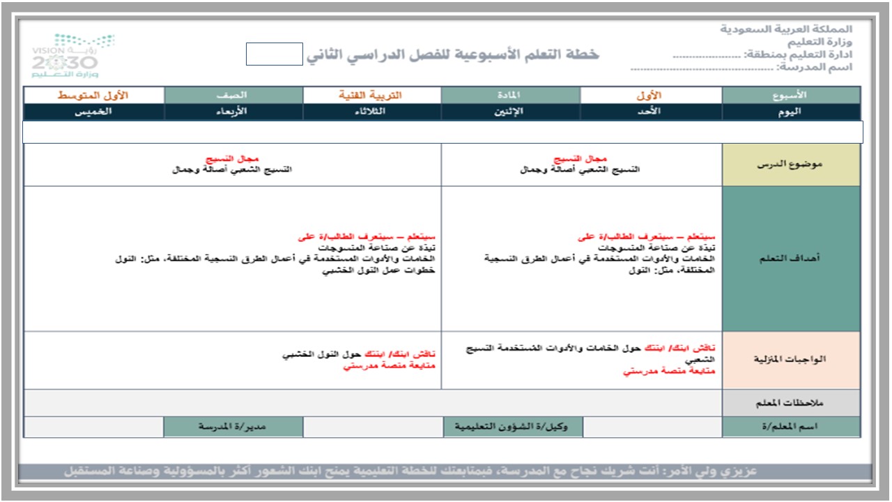 خطة التعلم الأسبوعية تربية فنية أول متوسط الترم الثاني 