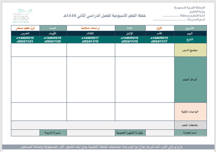 خطة التعلم الأسبوعية دراسات إسلامية صف أول تعليم مستمر