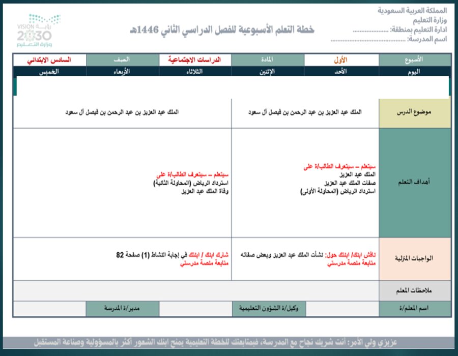 خطة التعلم الأسبوعية دراسات اجتماعية سادس ابتدائي الترم الثاني