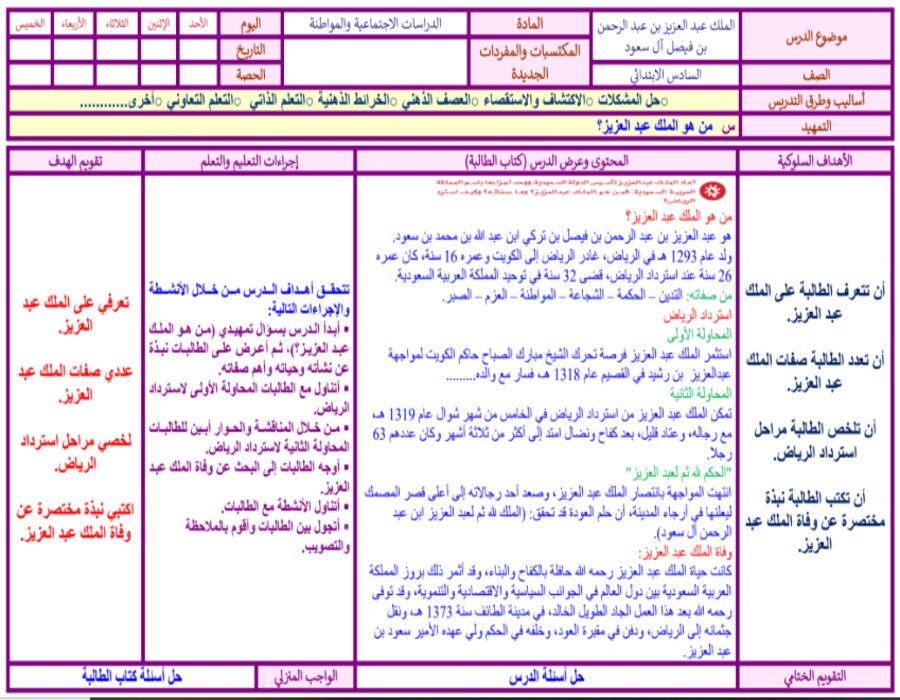 خطة التعلم الأسبوعية دراسات اجتماعية سادس ابتدائي الترم الثاني