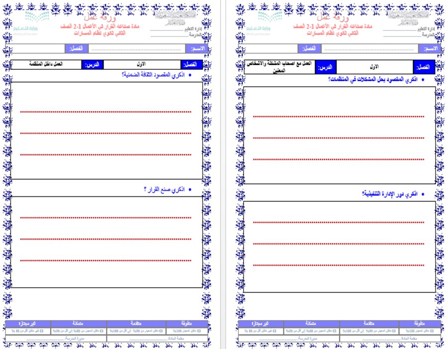 خطة التعلم الأسبوعية صناعة القرار في الأعمال ثاني ثانوي مسارات الترم الثاني 