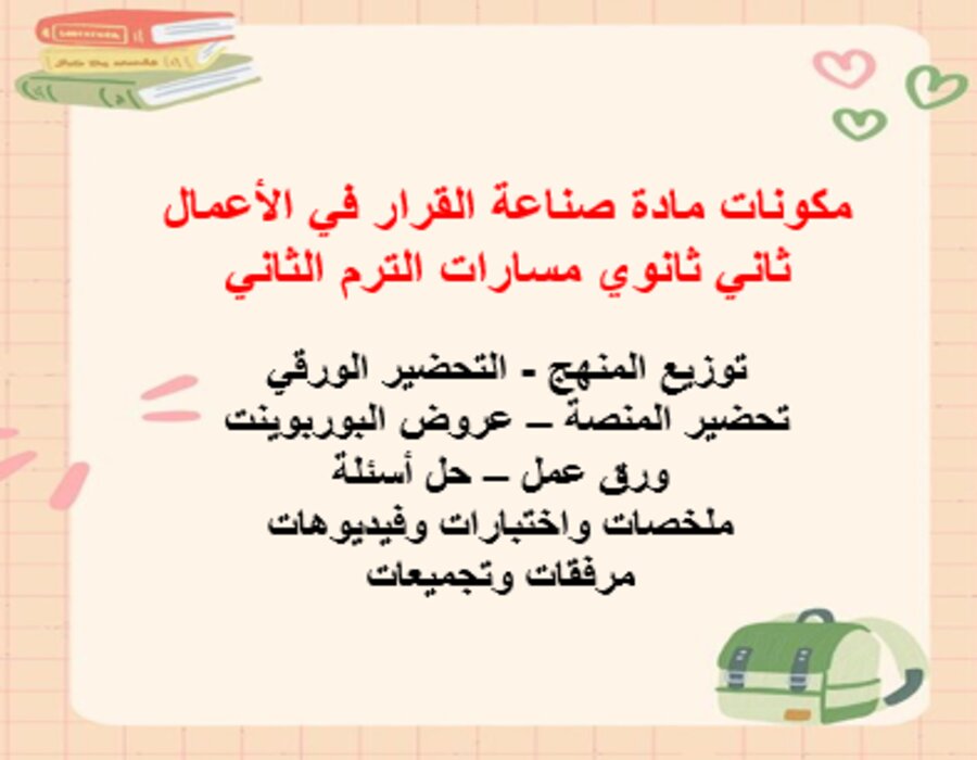 خطة التعلم الأسبوعية صناعة القرار في الأعمال ثاني ثانوي مسارات الترم الثاني 