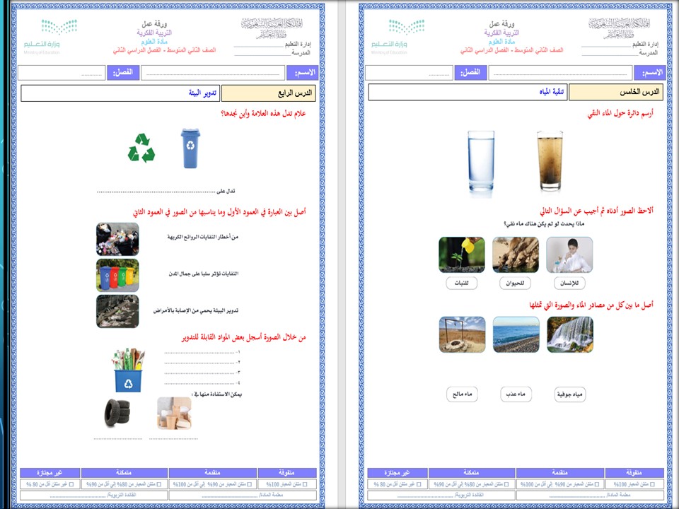 خطة التعلم الأسبوعية علوم ثاني متوسط التربية الفكرية
