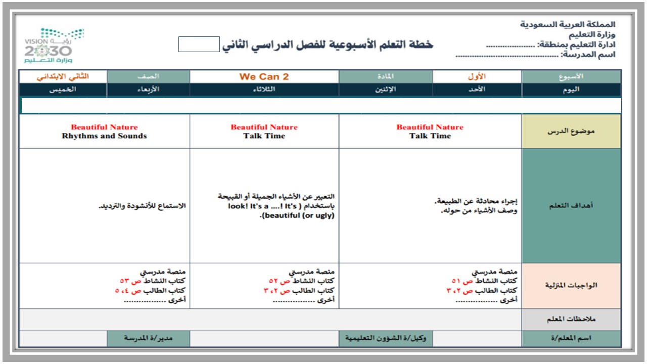 خطة التعلم الأسبوعية لغة إنجليزية ثاني ابتدائي الترم الثاني