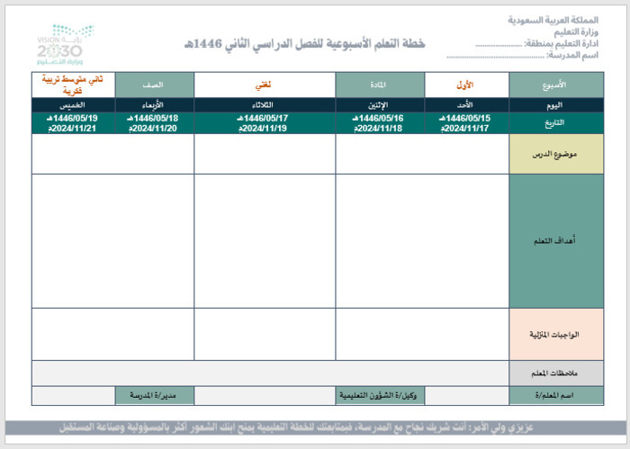 خطة التعلم الأسبوعية لغتي ثاني متوسط التربية الفكرية