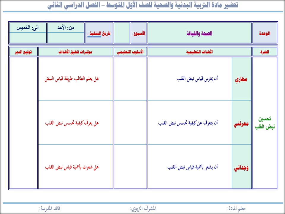 خطة التعلم الأسبوعية للتربية البدنية أول متوسط الترم الثاني