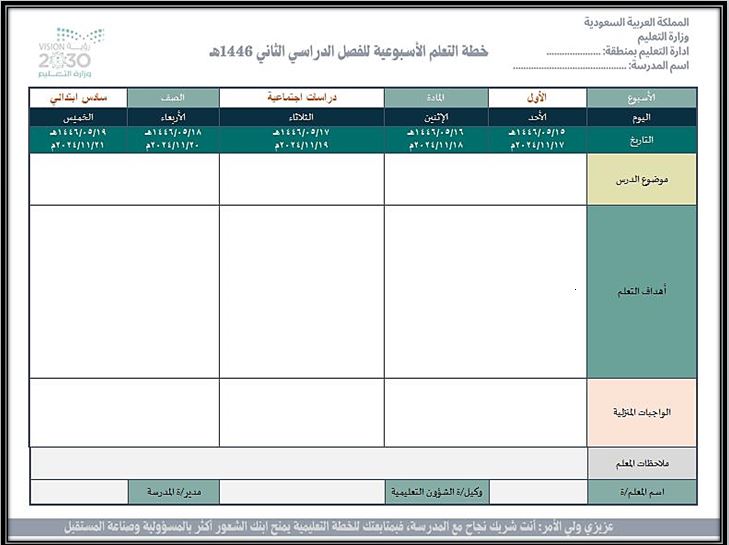 خطة التعلم الأسبوعية للدراسات الاجتماعية سادس ابتدائي التربية الفكرية
