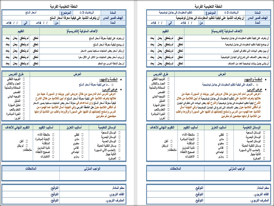 خطة التعلم الأسبوعية للرياضيات ثالث ثانوي التربية الفكرية 