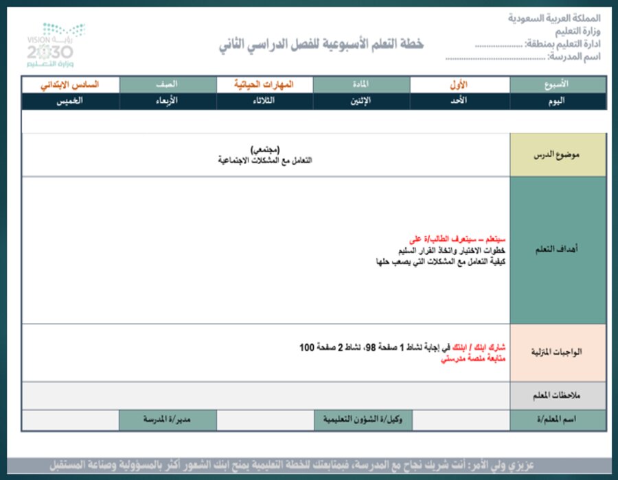 خطة التعلم الأسبوعية لمادة مهارات الحياتية والأسرية سادس ابتدائي الترم الثاني 