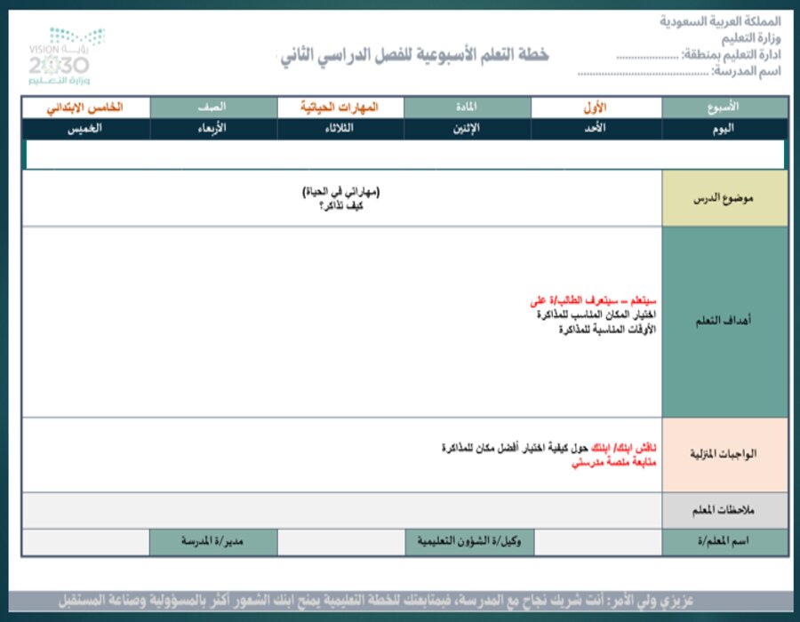خطة التعلم الأسبوعية لمهارات حياتية وأسرية خامس ابتدائي الترم الثاني