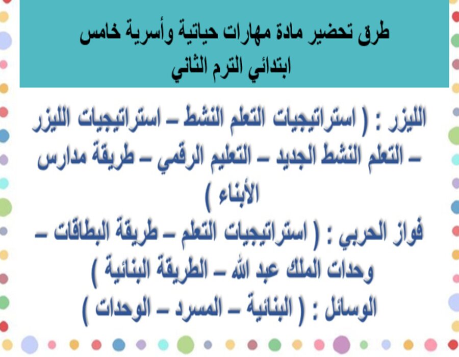 خطة التعلم الأسبوعية لمهارات حياتية وأسرية خامس ابتدائي الترم الثاني