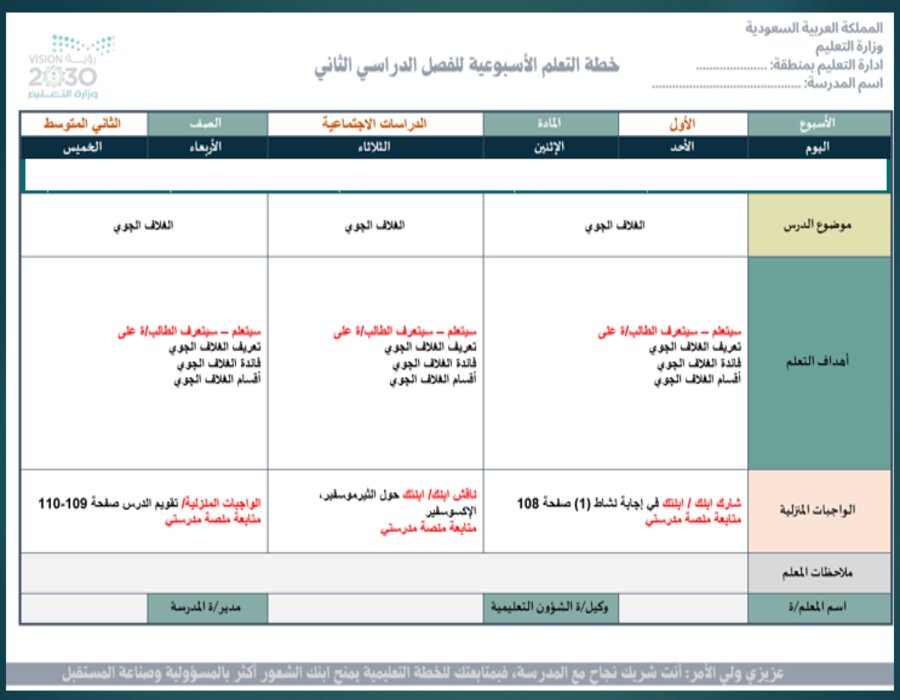 خطة التعلم الأسبوعية مادة دراسات اجتماعية ثاني متوسط الترم الثاني 