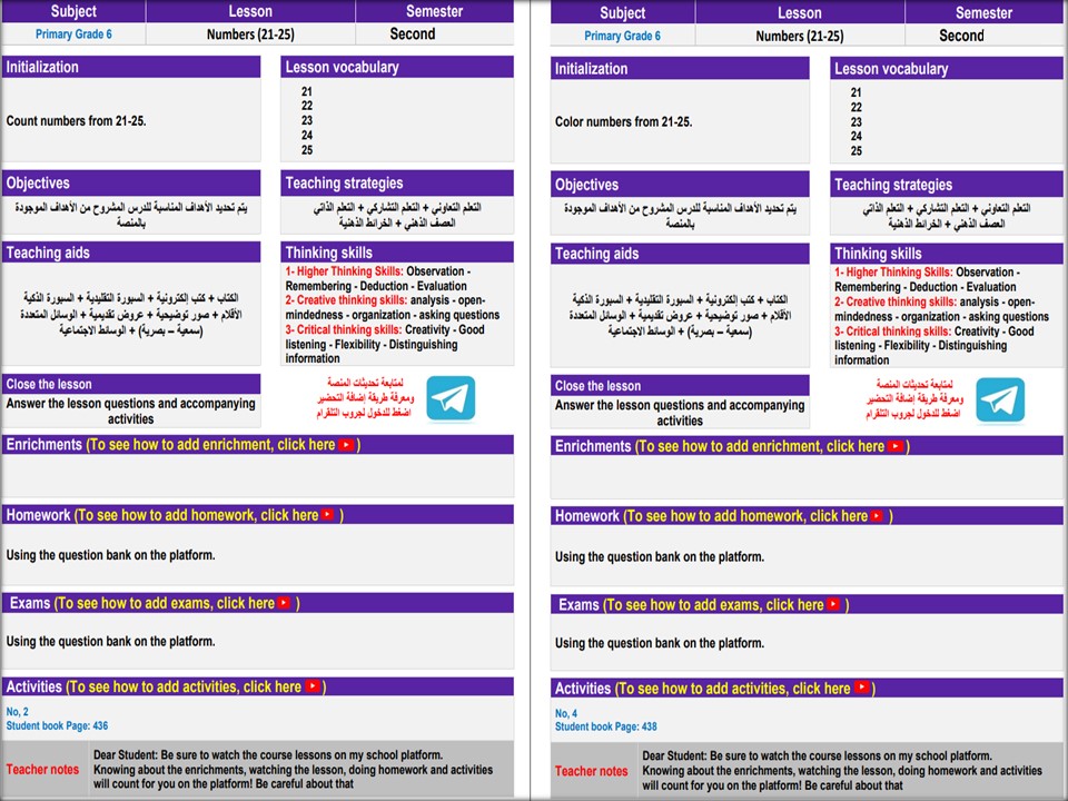 خطة التعلم الأسبوعية مادة لغة إنجليزية سادس ابتدائي التربية الفكرية