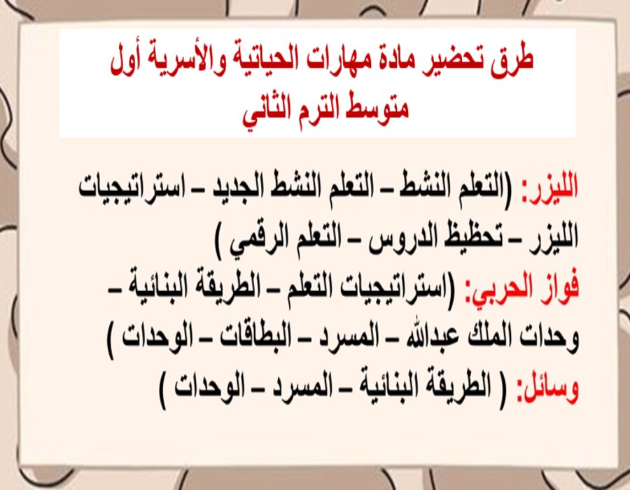 خطة التعلم الاسبوعية لمادة المهارات الحياتية والأسرية أول متوسط الترم الثاني