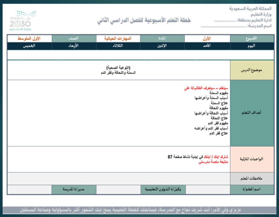 خطة التعلم الاسبوعية لمادة المهارات الحياتية والأسرية أول متوسط الترم الثاني