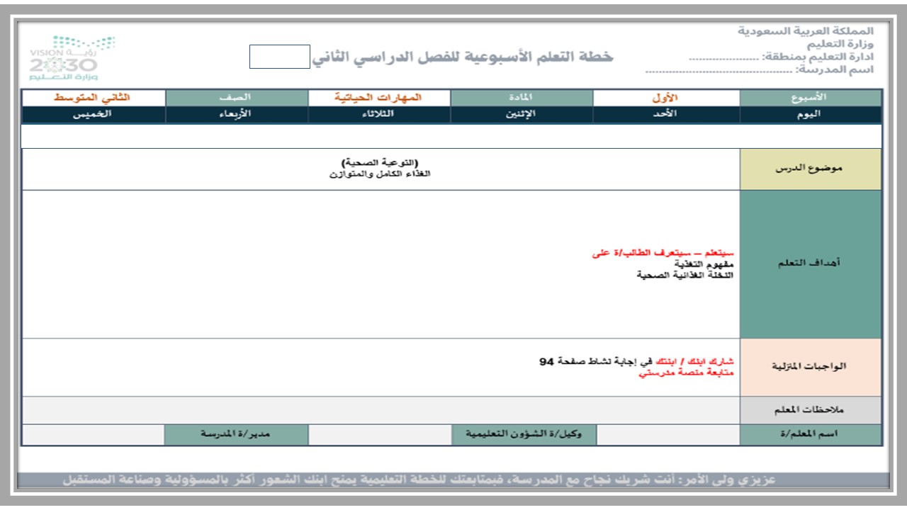 خطة التعلم الأسبوعية مهارات الحياتية والأسرية ثاني متوسط الترم الثاني 