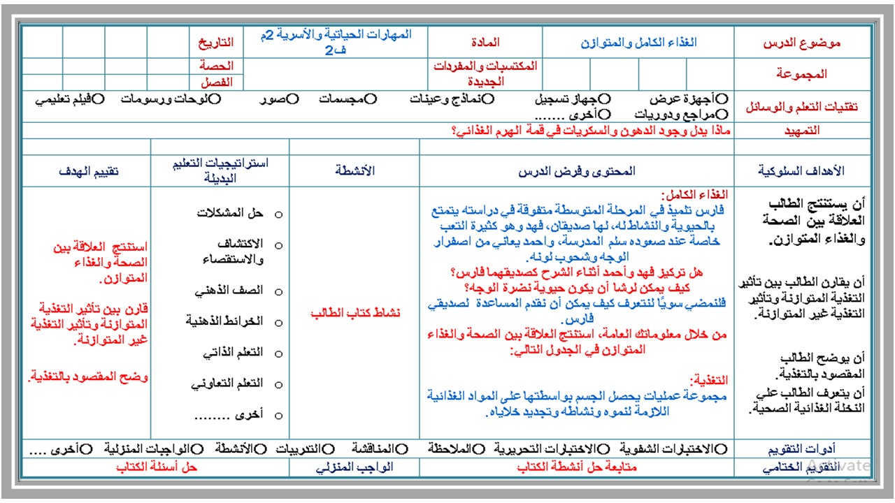 خطة التعلم الأسبوعية مهارات الحياتية والأسرية ثاني متوسط الترم الثاني 