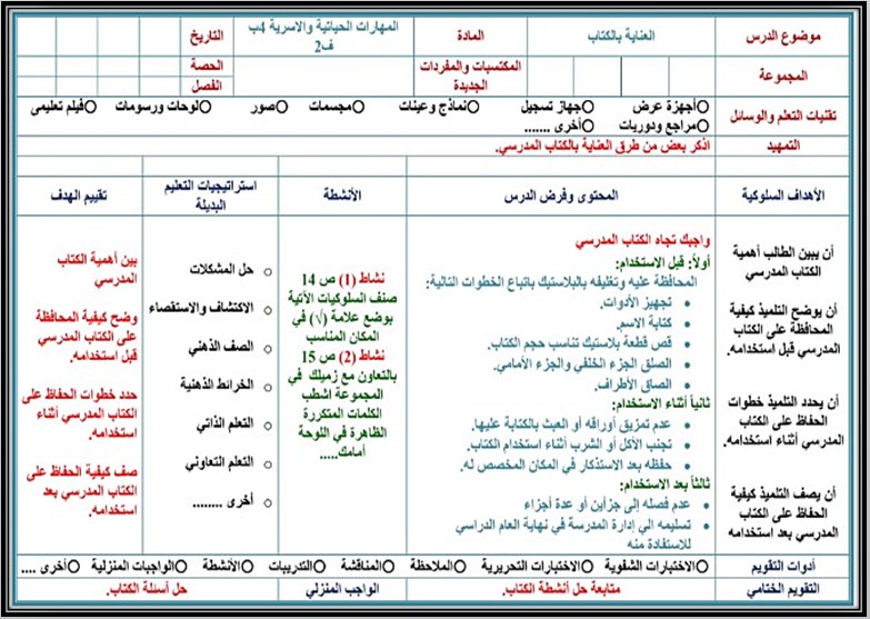 خطة التعلم الأسبوعية مهارات حياتية وأسرية رابع ابتدائي الترم الثاني