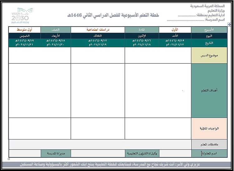 خطة التعلم الاسبوعية الدراسات الاجتماعية أول متوسط التربية الفكرية