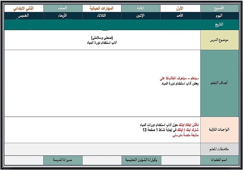 خطة التعلم الاسبوعية للمهارات حياتية وأسرية ثاني ابتدائي الترم الثاني