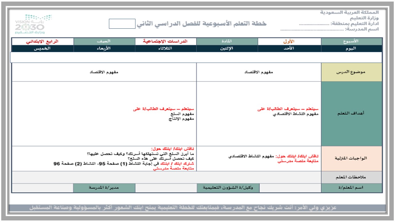 خطة التعلم الاسبوعية وورد الدراسات الاجتماعية رابع ابتدائي الترم الثاني 