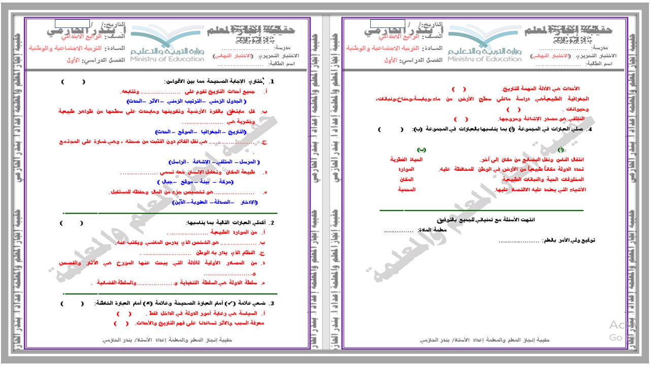 خطة التعلم الاسبوعية وورد الدراسات الاجتماعية رابع ابتدائي الترم الثاني 