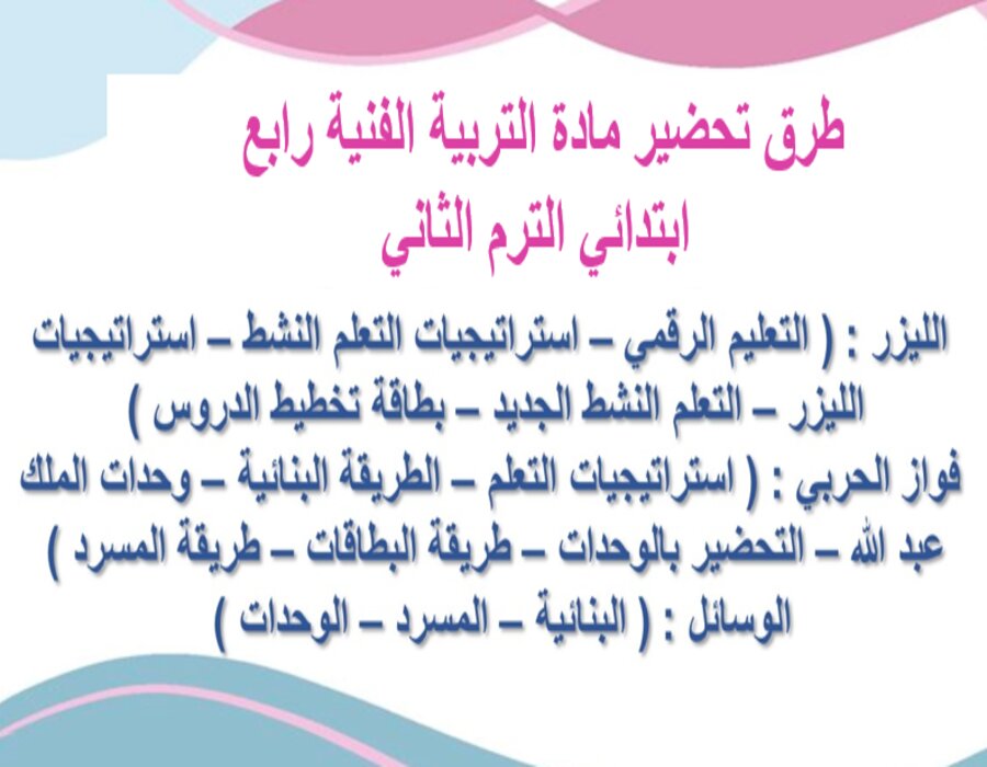 خطة التعليم الأسبوعية التربية الفنية رابع ابتدائي الترم الثاني