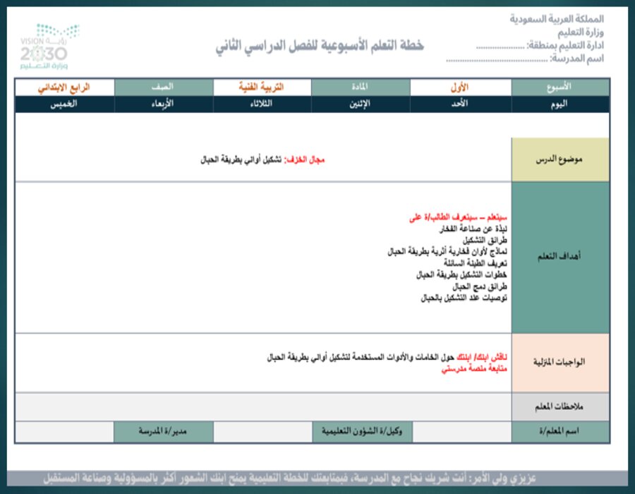 خطة التعليم الأسبوعية التربية الفنية رابع ابتدائي الترم الثاني