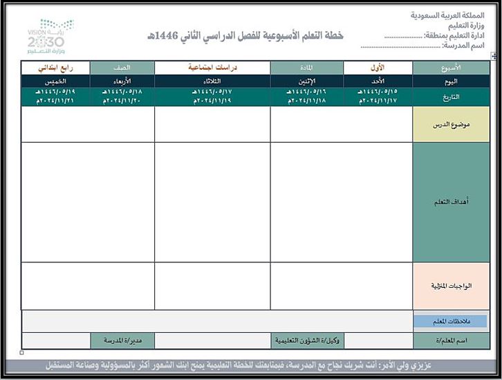 خطة التعليم الأسبوعية دراسات اجتماعية رابع ابتدائي التربية الفكرية