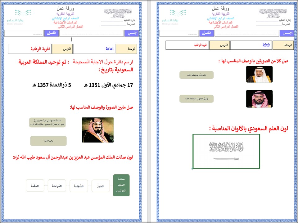 خطة التعليم الأسبوعية دراسات اجتماعية رابع ابتدائي التربية الفكرية