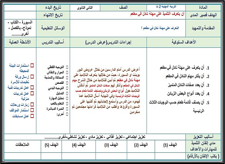 خطة التعليم الأسبوعية للمهارات المهنية ثاني ثانوي التربية الفكرية